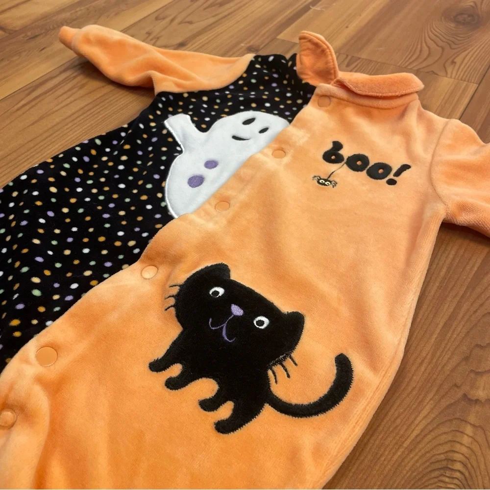 First Moments Fleece Baby Footie Sleep Pajamas 0-3 Months Cat Ghost Orange Black